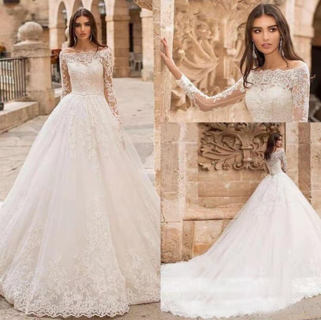 long sleeve lace bridal wedding dress with a single shoulder Long Sleeve Wedding Dress