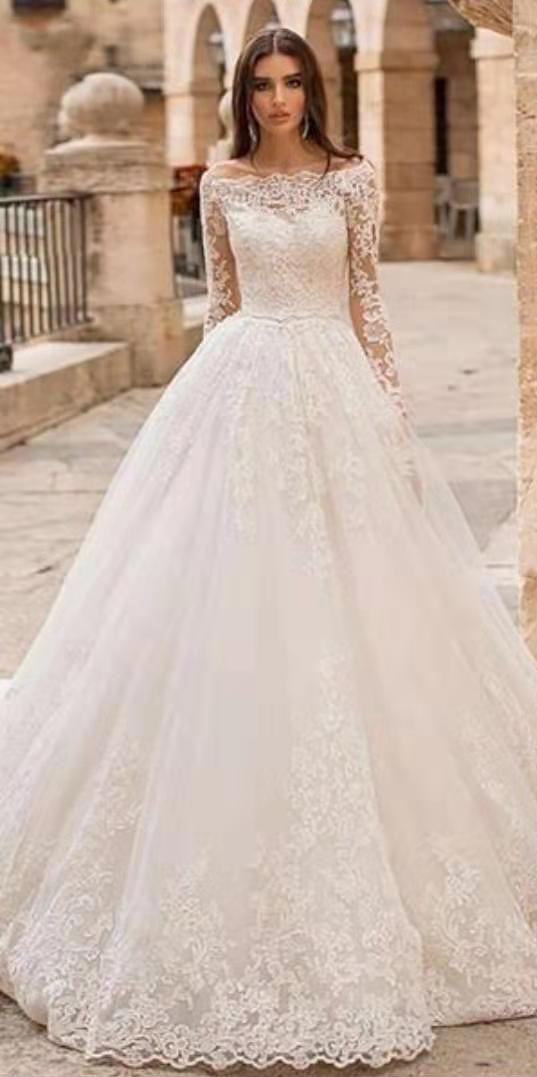 long sleeve lace bridal wedding dress with a single shoulder Long Sleeve Wedding Dress