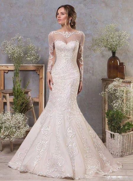 OEM Fashion illusion Long Sleeves Elegant Princess Mermaid Long Train Bridal Gown Mermaid Wedding Dress