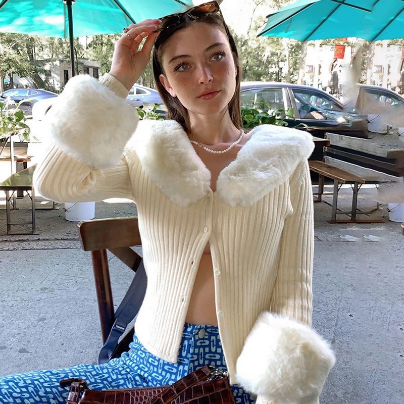 Fashion European women Clothing Style Warm Elegant Fur Neck Long Sleeve Knitted Cardigan Sweater Coat Casual Ladies Sweater