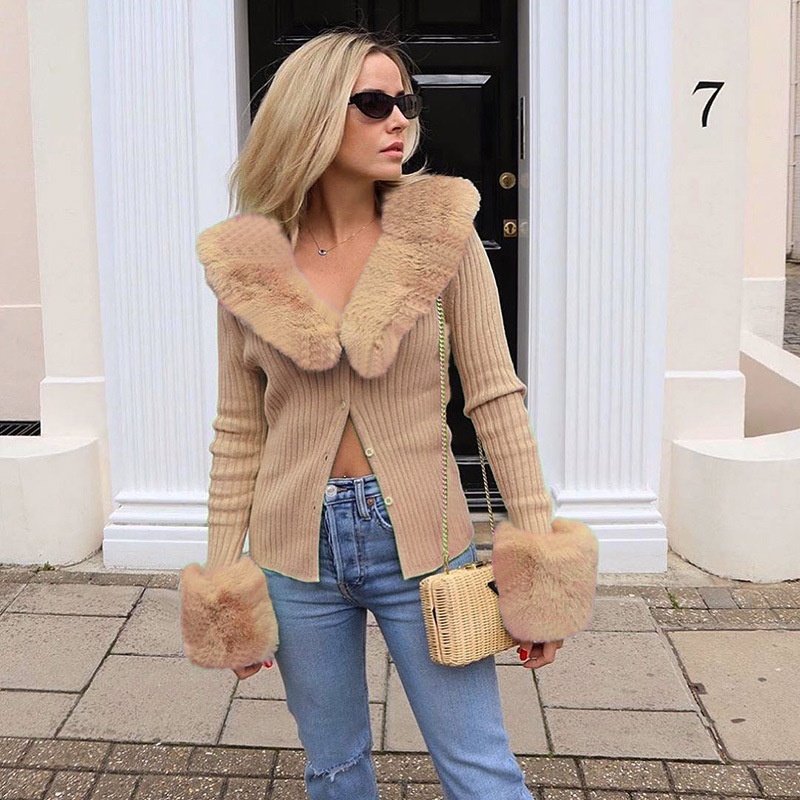 Fashion European women Clothing Style Warm Elegant Fur Neck Long Sleeve Knitted Cardigan Sweater Coat Casual Ladies Sweater