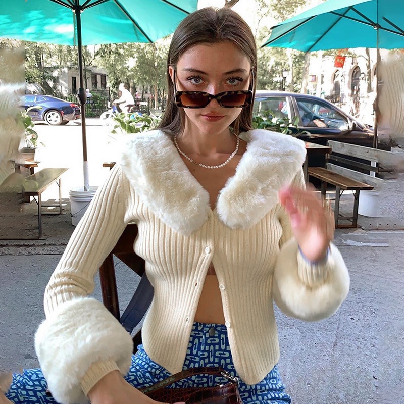 Fashion European women Clothing Style Warm Elegant Fur Neck Long Sleeve Knitted Cardigan Sweater Coat Casual Ladies Sweater