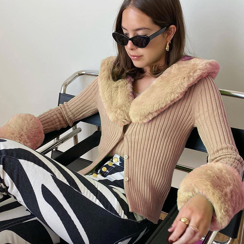 Fashion European women Clothing Style Warm Elegant Fur Neck Long Sleeve Knitted Cardigan Sweater Coat Casual Ladies Sweater