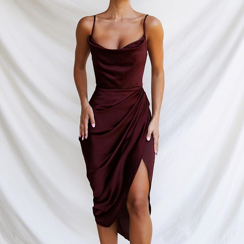 Summer Satin Party Black V-Neck Hight Side Split Sexy Mini Dresses Women Ruched Skinny Elegant Maxi Dress Ladies