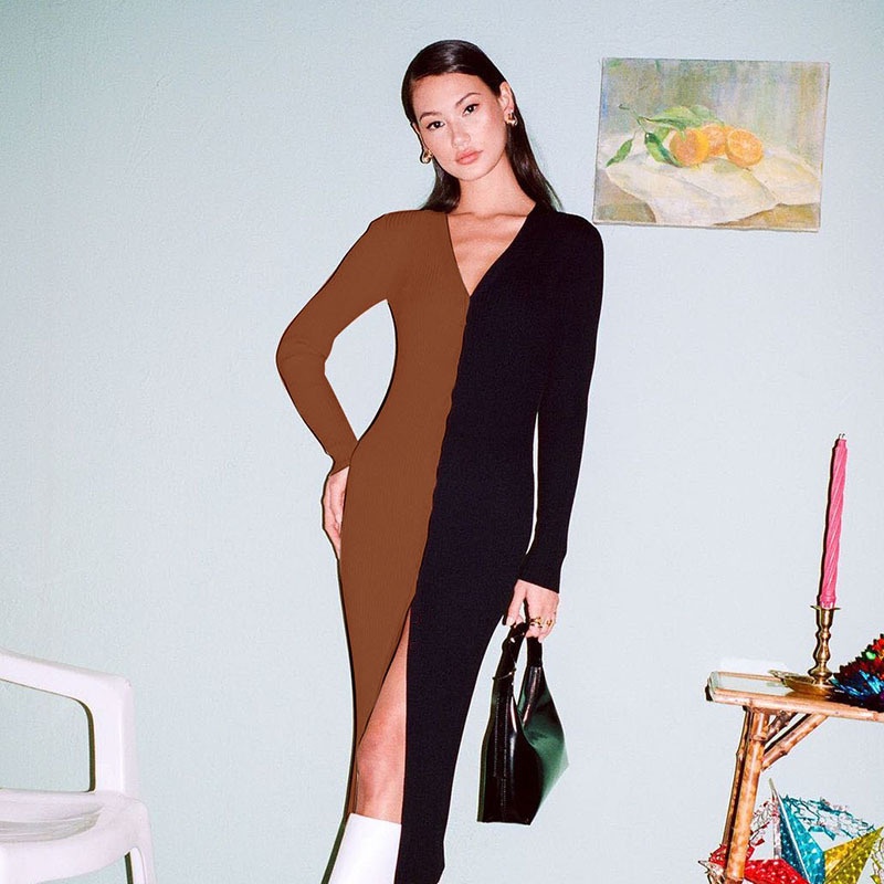Women Fall Dress V Neck Long Sleeve Patchwork Button Elegant dress women casual dresses