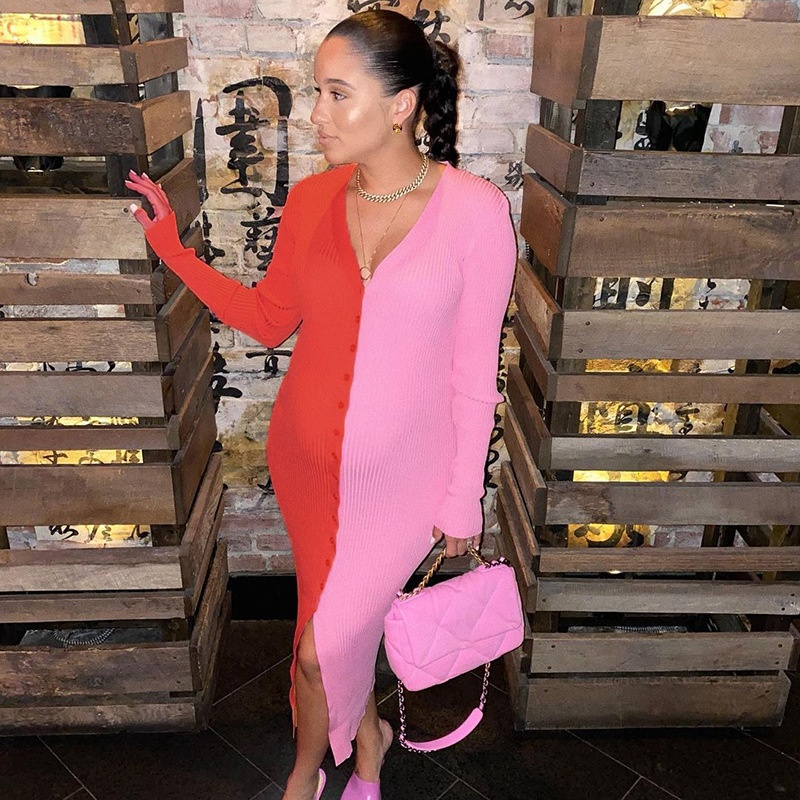 Women Fall Dress V Neck Long Sleeve Patchwork Button Elegant dress women casual dresses