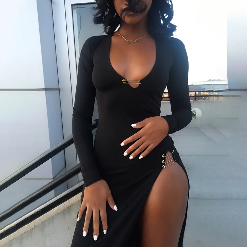 New Arrival Wholesale Clothing Long Black Dress High Slit Maxi Dresses Women Prom Dresses