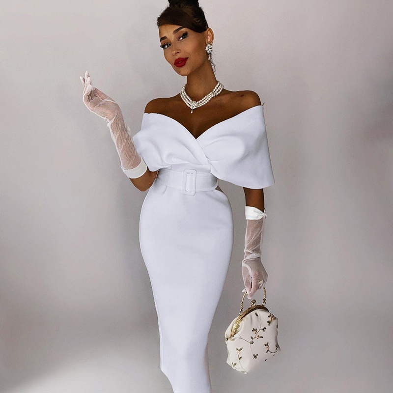 Off Shoulder V Neck Bodycon Dress with Belt Elegant Sexy Dinner Dress for Women Party Evening Dresses