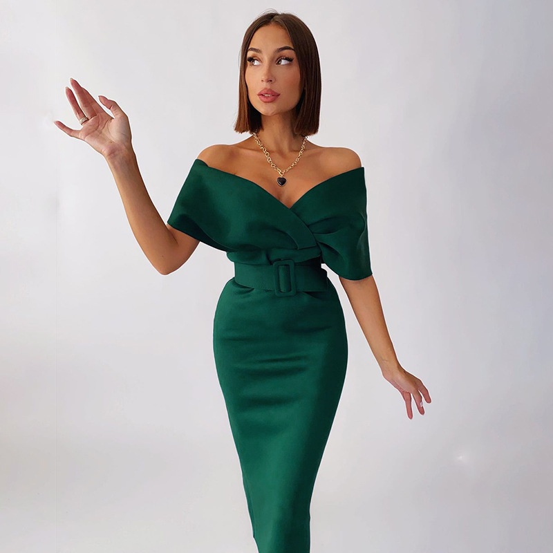 Off Shoulder V Neck Bodycon Dress with Belt Elegant Sexy Dinner Dress for Women Party Evening Dresses