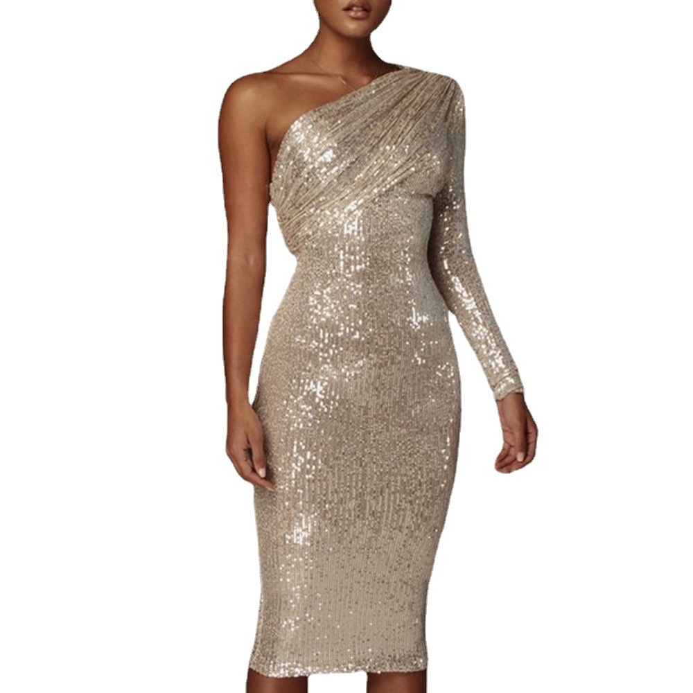 Women's single shoulder slant collar wrapped chest fashion Sequin night club women's sexy evening dress