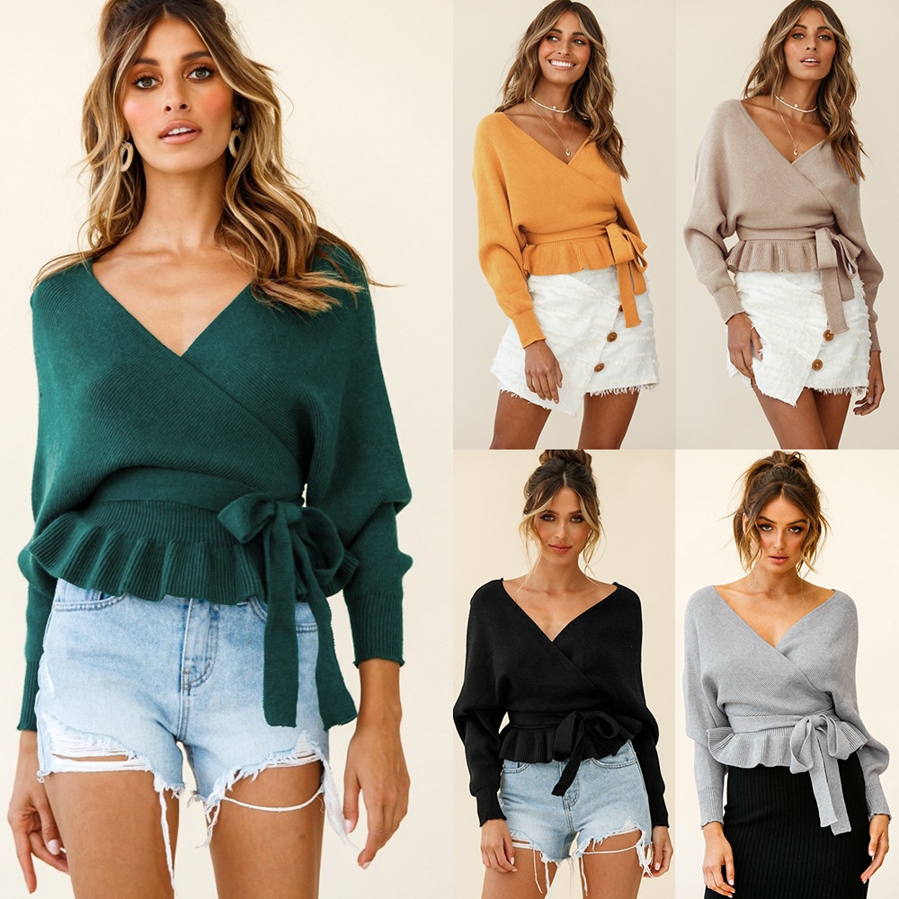 Women's Wrap V Neck Long Batwing Sleeve Belted Waist Ruffle Knitted Sweater Pullover Top