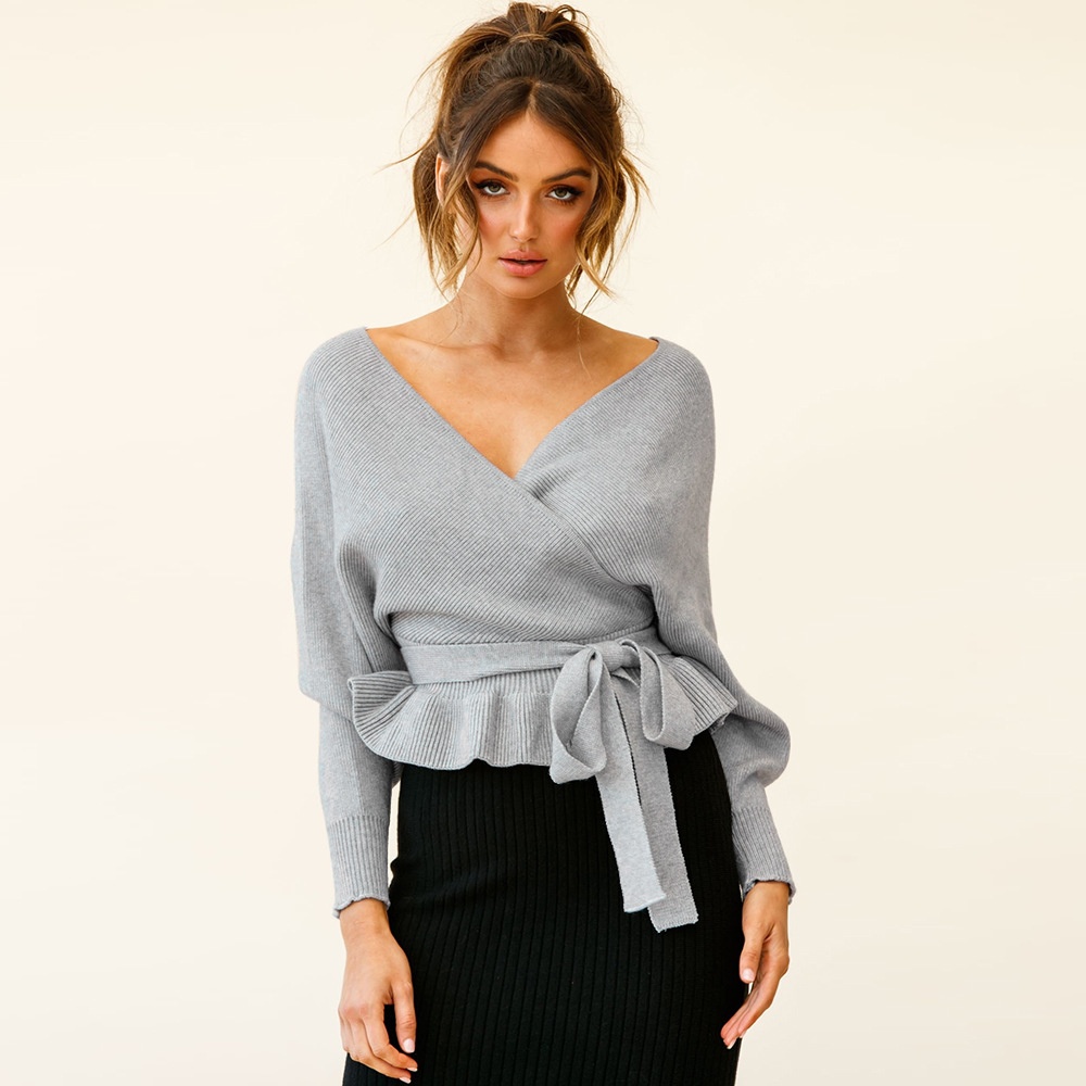 Women's Wrap V Neck Long Batwing Sleeve Belted Waist Ruffle Knitted Sweater Pullover Top