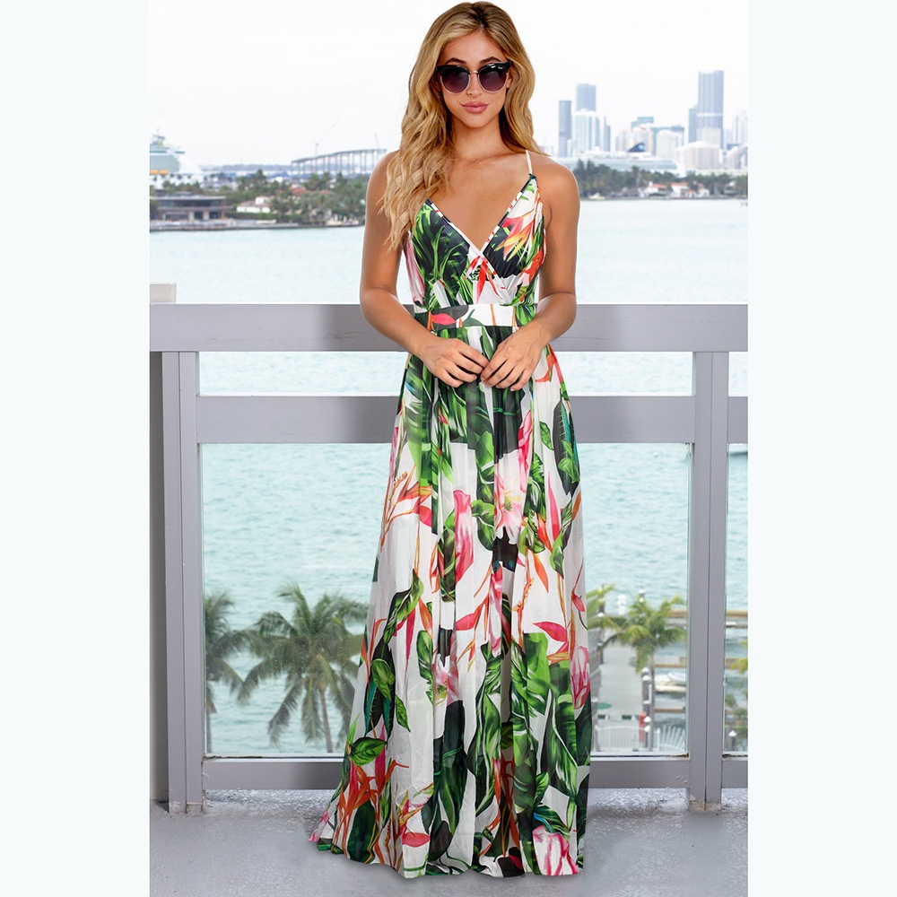 Summer Bohemian Spaghetti Strap Dresses Vintage Floral Print Dress Women Sleeveless Beach Dress