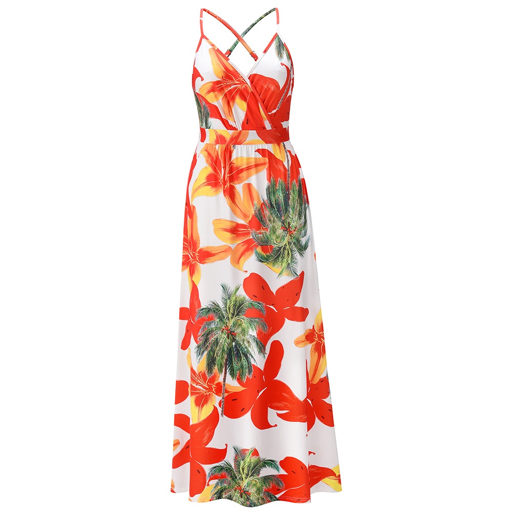 Summer Bohemian Spaghetti Strap Dresses Vintage Floral Print Dress Women Sleeveless Beach Dress
