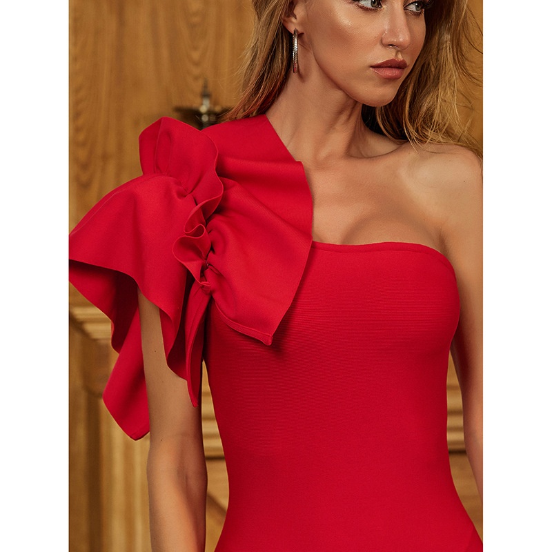 Womens Off Shoulder Ruffles Sleeve Red Casual Evening Party Sexy Bodycon Dresses