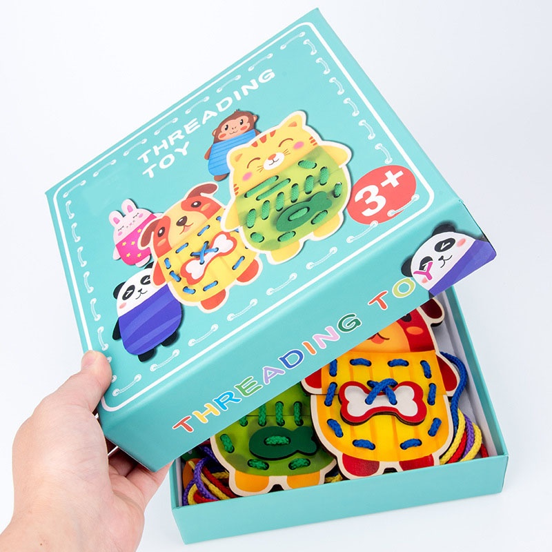 Latest New Child Educational Cartoon Animals DIY Stringing Toy Wooden Threading Board
