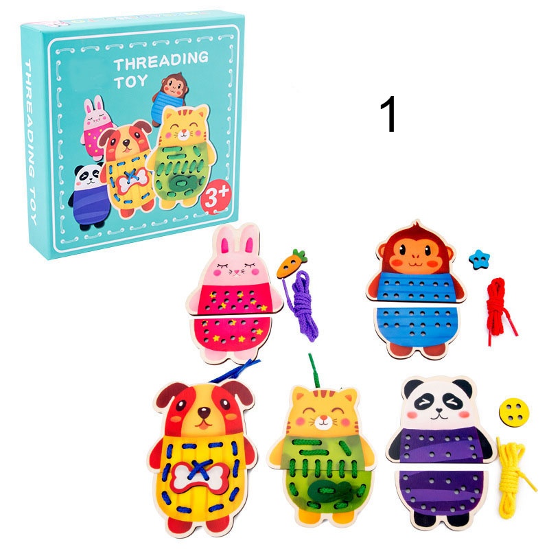 Latest New Child Educational Cartoon Animals DIY Stringing Toy Wooden Threading Board