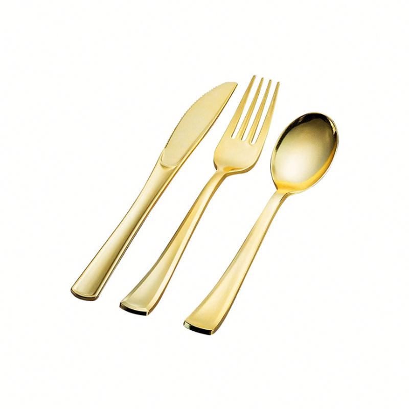 Disposable flatware silverware gold ps plastic spoons forks and knives cutlery kit with color box
