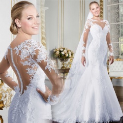 Autumn Satin Lace Slimming Fashion Bride Long Sleeve Halter Tail Wedding Dress
