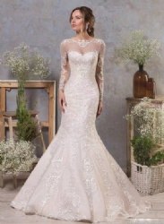 OEM Fashion illusion Long Sleeves Elegant Princess Mermaid Long Train Bridal Gown Mermaid Wedding Dress