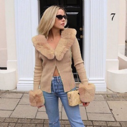 Fashion European women Clothing Style Warm Elegant Fur Neck Long Sleeve Knitted Cardigan Sweater Coat Casual Ladies Sweater