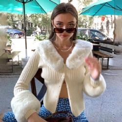 Fashion European women Clothing Style Warm Elegant Fur Neck Long Sleeve Knitted Cardigan Sweater Coat Casual Ladies Sweater