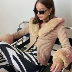 Fashion European women Clothing Style Warm Elegant Fur Neck Long Sleeve Knitted Cardigan Sweater Coat Casual Ladies Sweater