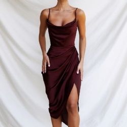 Summer Satin Party Black V-Neck Hight Side Split Sexy Mini Dresses Women Ruched Skinny Elegant Maxi Dress Ladies
