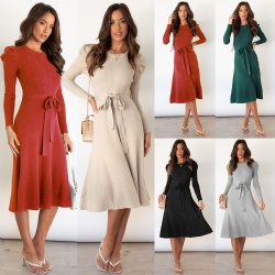Autumn winter new bubble long sleeved ladies knitted dress mid-length high waisted basic women sweater dress