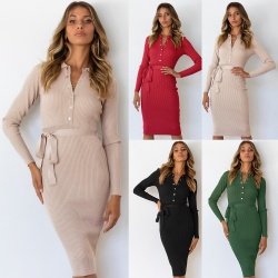 Europe and America Female Plus Size Onepiece Lapel Autumn Outfit Elegant Knit Woman Midi Dress
