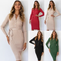 Europe and America Female Plus Size Onepiece Lapel Autumn Outfit Elegant Knit Woman Midi Dress