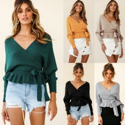 Women's Wrap V Neck Long Batwing Sleeve Belted Waist Ruffle Knitted Sweater Pullover Top