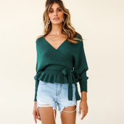 Women's Wrap V Neck Long Batwing Sleeve Belted Waist Ruffle Knitted Sweater Pullover Top