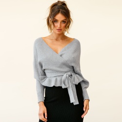 Women's Wrap V Neck Long Batwing Sleeve Belted Waist Ruffle Knitted Sweater Pullover Top