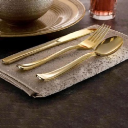 Disposable flatware silverware gold ps plastic spoons forks and knives cutlery kit with color box