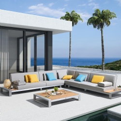 Elegant L shape design modern patio garden teak and brushed aluminum outdoor lounge sofa set